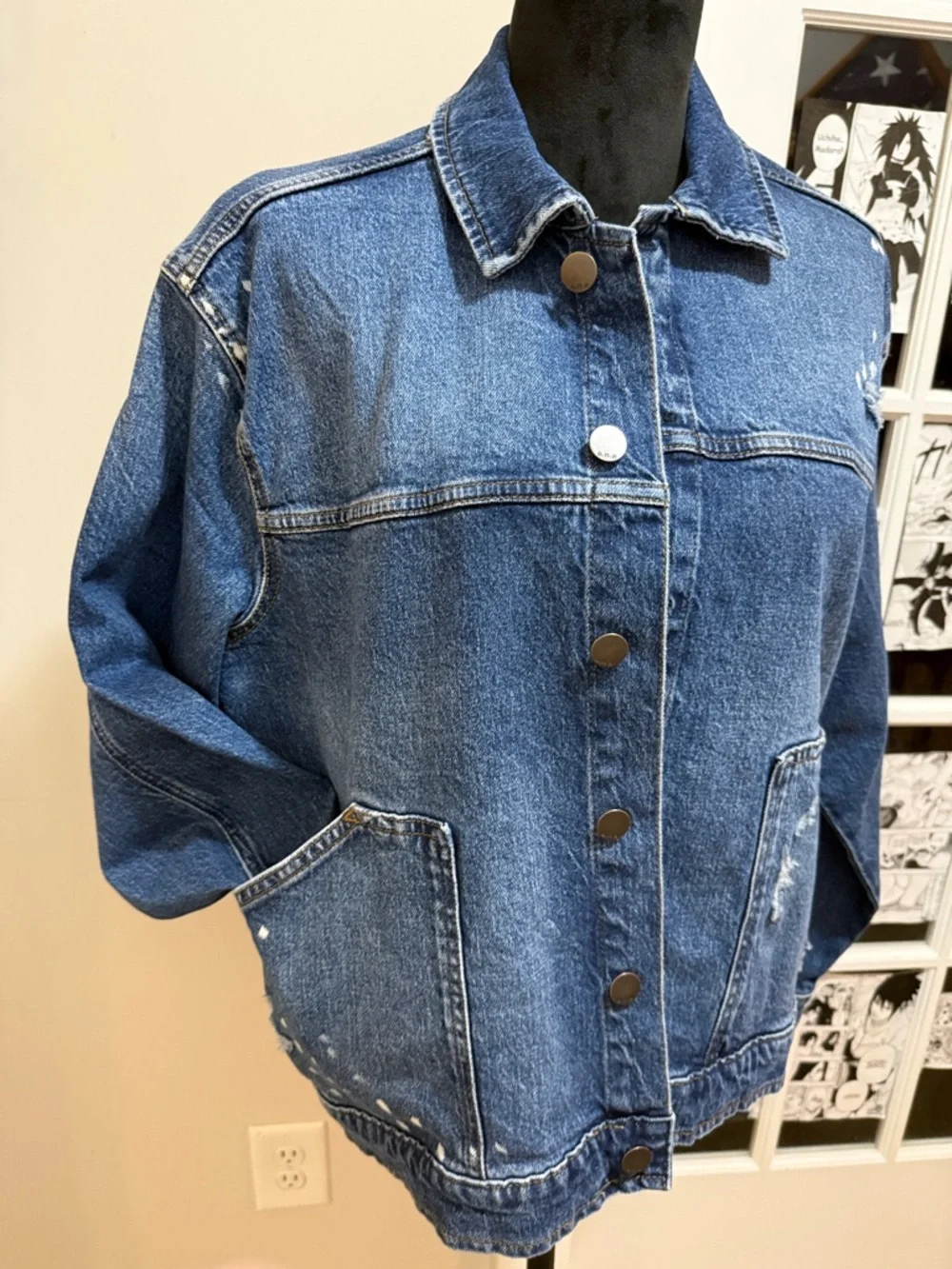 a.n.a. Women’s Distressed Blue Denim Jacket with Paint-Splatter Detail - Picture 7 of 10